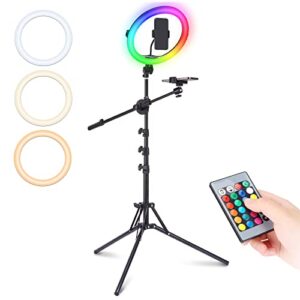 ulanzi overhead 11″ rgb selfie ring light with stand & phone holder, 68″ extendable light stand kit w/ overhead arm, 3200k-6500k dimmable light for video recording, live streaming, portrait & makeup