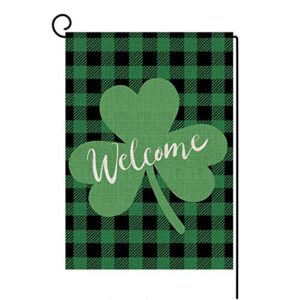 st. patrick’s day garden flag vertical double sided buffalo plaid burlap shamrock garden flag, st patricks day holiday yard home outdoor decoration 12.5 x 18 inch