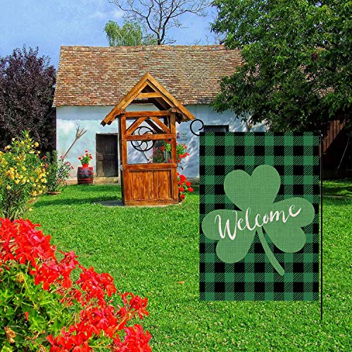 St. Patrick's Day Garden Flag Vertical Double Sided Buffalo Plaid Burlap Shamrock Garden Flag, St Patricks Day Holiday Yard Home Outdoor Decoration 12.5 x 18 Inch