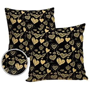 Outdoor Pillows Waterproof Pillow Covers Set of 2, Lovely Hearts Happy Valentines Day Black Polyester Throw Pillow Covers Garden Cushion Case for Patio Funiture Sofa Decoration 18x18inch,