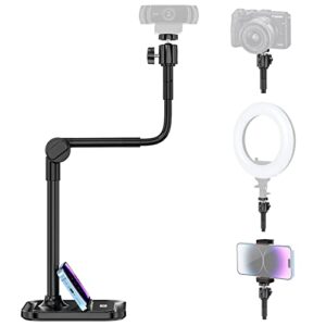 webcam stand with phone holder, 2 in 1 adjustable flexible gooseneck camera mount desktop stand with cell phone clamp for logitech c922 c930e c920s c920 c615, brio 4k, gopro hero and other devices
