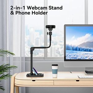 Webcam Stand with Phone Holder, 2 in 1 Adjustable Flexible Gooseneck Camera Mount Desktop Stand with Cell Phone Clamp for Logitech C922 C930e C920S C920 C615, Brio 4K, Gopro Hero and Other Devices