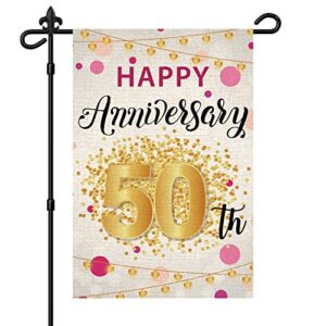happy 50th anniversary garden flag, cheers to 50 years loved yard flag vertical premium burlap rustic wedding anniversary celebration banner for farmhouse outside outdoor sign double sided, 12″ x 18″