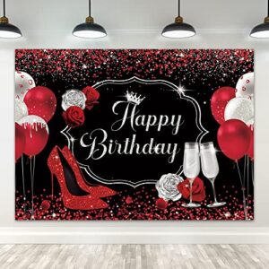 riyidecor no glitter red high heels happy birthday backdrop 7x5 feet women black silver fluid champagne balloon sequin glass red rose bling photography background banner prop party photo shoot fabric