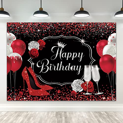 Riyidecor No Glitter Red High Heels Happy Birthday Backdrop 7X5 Feet Women Black Silver Fluid Champagne Balloon Sequin Glass Red Rose Bling Photography Background Banner Prop Party Photo Shoot Fabric