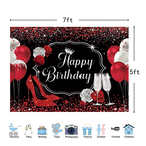 Riyidecor No Glitter Red High Heels Happy Birthday Backdrop 7X5 Feet Women Black Silver Fluid Champagne Balloon Sequin Glass Red Rose Bling Photography Background Banner Prop Party Photo Shoot Fabric