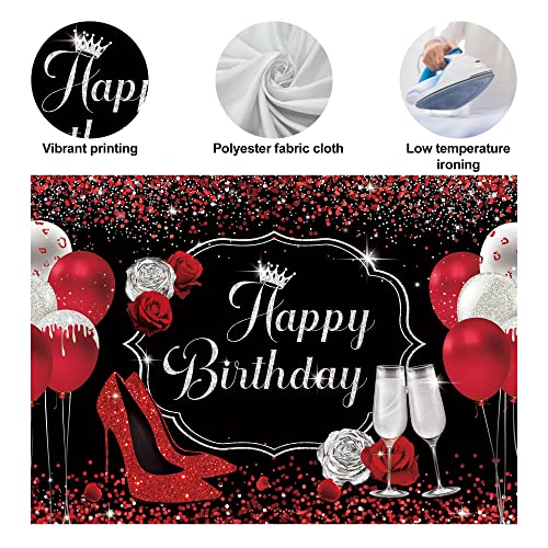 Riyidecor No Glitter Red High Heels Happy Birthday Backdrop 7X5 Feet Women Black Silver Fluid Champagne Balloon Sequin Glass Red Rose Bling Photography Background Banner Prop Party Photo Shoot Fabric