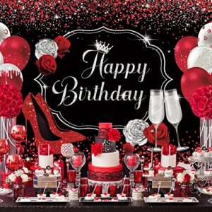 Riyidecor No Glitter Red High Heels Happy Birthday Backdrop 7X5 Feet Women Black Silver Fluid Champagne Balloon Sequin Glass Red Rose Bling Photography Background Banner Prop Party Photo Shoot Fabric