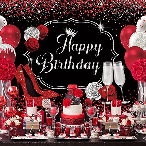 Riyidecor No Glitter Red High Heels Happy Birthday Backdrop 7X5 Feet Women Black Silver Fluid Champagne Balloon Sequin Glass Red Rose Bling Photography Background Banner Prop Party Photo Shoot Fabric