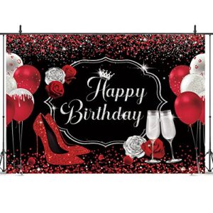 Riyidecor No Glitter Red High Heels Happy Birthday Backdrop 7X5 Feet Women Black Silver Fluid Champagne Balloon Sequin Glass Red Rose Bling Photography Background Banner Prop Party Photo Shoot Fabric