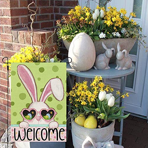 CROWNED BEAUTY Easter Bunny Garden Flag 12x18 Inch Double Sided for Outside Burlap Small Polka Dots Floral Welcome Yard Holiday Decoration