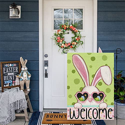 CROWNED BEAUTY Easter Bunny Garden Flag 12x18 Inch Double Sided for Outside Burlap Small Polka Dots Floral Welcome Yard Holiday Decoration