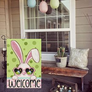 CROWNED BEAUTY Easter Bunny Garden Flag 12x18 Inch Double Sided for Outside Burlap Small Polka Dots Floral Welcome Yard Holiday Decoration