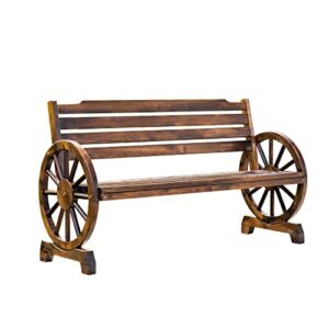 mavalous wagon wheel bench for outdoor, 3-person seat wooden bench with backrest, rustic benches foroutside, porch, garden, brown
