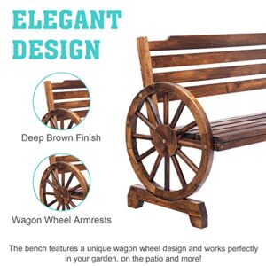 Mavalous Wagon Wheel Bench for Outdoor, 3-Person Seat Wooden Bench with Backrest, Rustic Benches forOutside, Porch, Garden, Brown