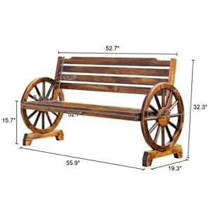 Mavalous Wagon Wheel Bench for Outdoor, 3-Person Seat Wooden Bench with Backrest, Rustic Benches forOutside, Porch, Garden, Brown