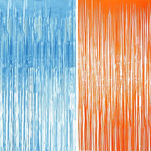 2 Pack Foil Metallic Fringe Curtains for Party Decorations Blue Orange Curtain Backdrop for 3 4 5 Years Old Boys Girls