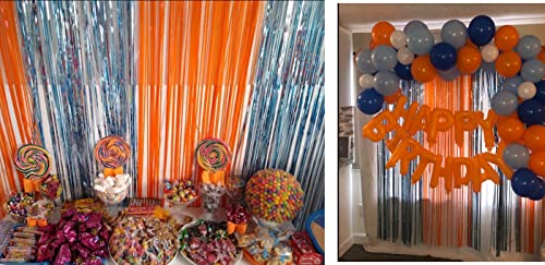 2 Pack Foil Metallic Fringe Curtains for Party Decorations Blue Orange Curtain Backdrop for 3 4 5 Years Old Boys Girls