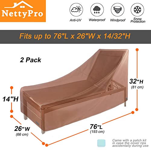 NettyPro Chaise Lounge Chair Covers Outdoor Waterproof Set 2, Patio Furniture Covers for Chaise Lounge Chairs, 76 x 26 x 32 Inch, Brown