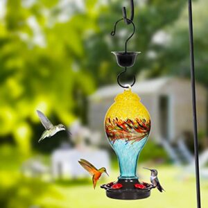 LUJII Hand Blown Glass Hummingbird Feeder for Outdoors with Ant Moat, Leak Proof & Rustproof , 25oz, Metal Base Cover with 5 Feeding Ports & Perches, Glass Art for Garden Decor (Blue Mixed Yellow)