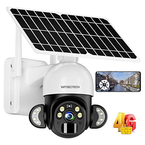 WITSECTECH 4G LTE Cellular Security Camera with SIM(Verizon AT&T T-Mobile) Solar Outdoor Camera 2K Live Video，360° PTZ，Night Vision,Spotlight，PIR Motion Alerts，Cloud Storage- No WiFi Camera