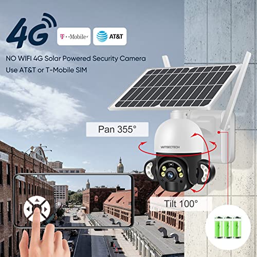 WITSECTECH 4G LTE Cellular Security Camera with SIM(Verizon AT&T T-Mobile) Solar Outdoor Camera 2K Live Video，360° PTZ，Night Vision,Spotlight，PIR Motion Alerts，Cloud Storage- No WiFi Camera