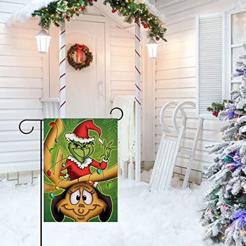 Covido Home Decorative Christmas Holiday Garden Flag, Xmas Santa Reindeer House Yard Lawn Outside Decoration, Winter Farmhouse Outdoor Small Burlap Flag Decor Double Sided 12 x 18