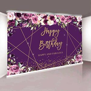 Sensfun Purple Floral Gold Happy Birthday Backdrop Glitter Sparkle Geometric Line Golden Dots Photography Background for Women Bday Party Decorations Supplies Banner Photo Props Vinyl 7x5ft