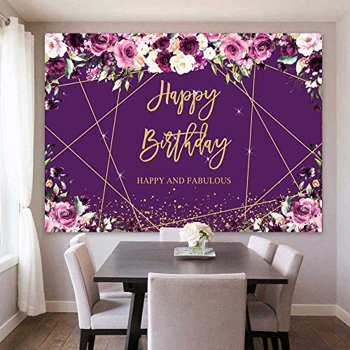 Sensfun Purple Floral Gold Happy Birthday Backdrop Glitter Sparkle Geometric Line Golden Dots Photography Background for Women Bday Party Decorations Supplies Banner Photo Props Vinyl 7x5ft