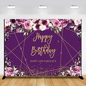 Sensfun Purple Floral Gold Happy Birthday Backdrop Glitter Sparkle Geometric Line Golden Dots Photography Background for Women Bday Party Decorations Supplies Banner Photo Props Vinyl 7x5ft