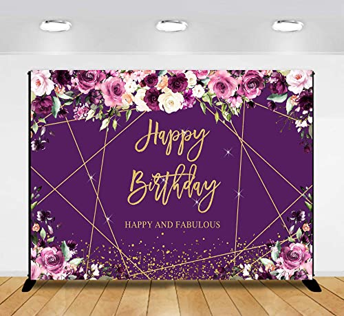 Sensfun Purple Floral Gold Happy Birthday Backdrop Glitter Sparkle Geometric Line Golden Dots Photography Background for Women Bday Party Decorations Supplies Banner Photo Props Vinyl 7x5ft