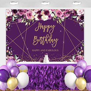 Sensfun Purple Floral Gold Happy Birthday Backdrop Glitter Sparkle Geometric Line Golden Dots Photography Background for Women Bday Party Decorations Supplies Banner Photo Props Vinyl 7x5ft