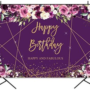 Sensfun Purple Floral Gold Happy Birthday Backdrop Glitter Sparkle Geometric Line Golden Dots Photography Background for Women Bday Party Decorations Supplies Banner Photo Props Vinyl 7x5ft