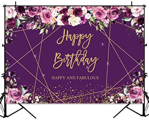 Sensfun Purple Floral Gold Happy Birthday Backdrop Glitter Sparkle Geometric Line Golden Dots Photography Background for Women Bday Party Decorations Supplies Banner Photo Props Vinyl 7x5ft