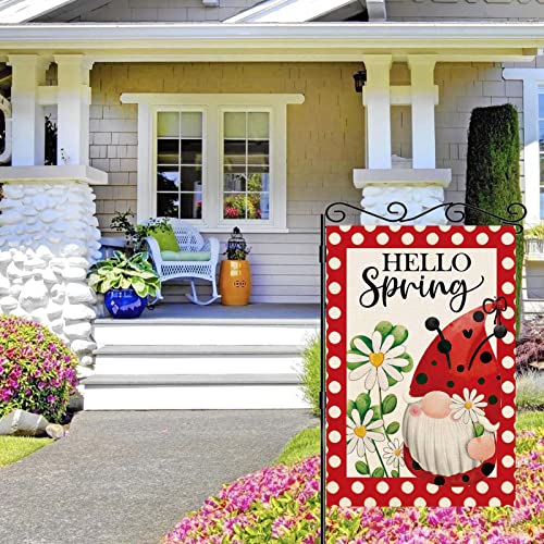 ORTIGIA Hello Spring Gnome Garden Flag Ladybug Gnome Burlap Double Sided Vertical 12x18 Inch Spring Daisy Floral Yard Decor Spring Porch Flag Farmhouse Seasonal Outdoor Flag