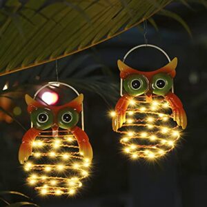 tomshine owl solar lights outdoor, pineapple hanging solar lanterns, metal waterproof solar garden lights decorative for pathway,yard, lawn 2 pack