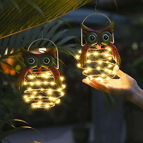 Tomshine Owl Solar Lights Outdoor, Pineapple Hanging Solar Lanterns, Metal Waterproof Solar Garden Lights Decorative for Pathway,Yard, Lawn 2 Pack