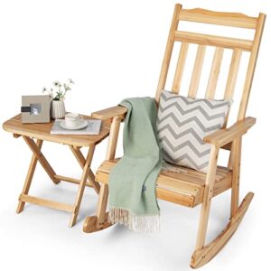 tangkula 2 pieces patio rocking chair & table set, solid fir wood rocker with folding side table, indoor outdoor rocking bistro set for balcony, porch, backyard, garden, natural