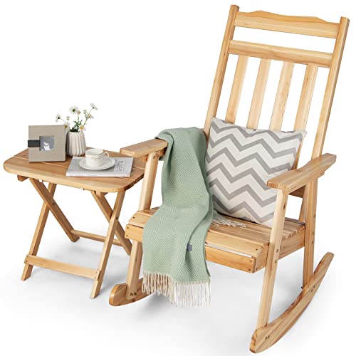 Tangkula 2 Pieces Patio Rocking Chair & Table Set, Solid Fir Wood Rocker with Folding Side Table, Indoor Outdoor Rocking Bistro Set for Balcony, Porch, Backyard, Garden, Natural