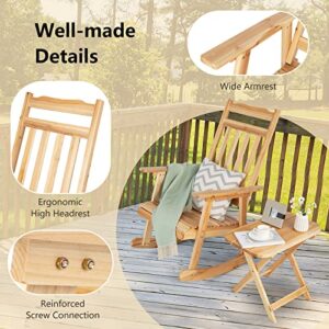 Tangkula 2 Pieces Patio Rocking Chair & Table Set, Solid Fir Wood Rocker with Folding Side Table, Indoor Outdoor Rocking Bistro Set for Balcony, Porch, Backyard, Garden, Natural