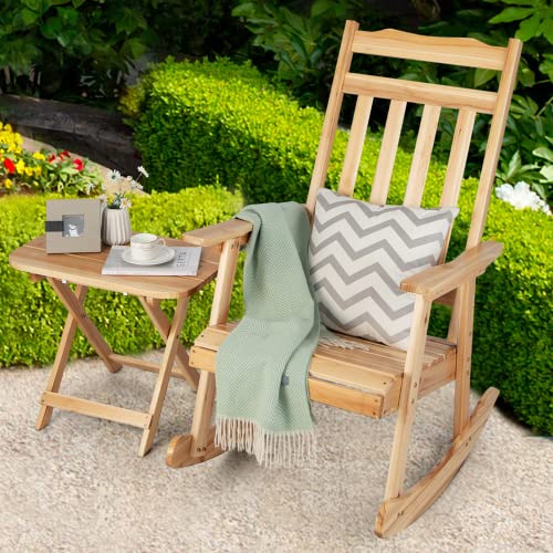 Tangkula 2 Pieces Patio Rocking Chair & Table Set, Solid Fir Wood Rocker with Folding Side Table, Indoor Outdoor Rocking Bistro Set for Balcony, Porch, Backyard, Garden, Natural