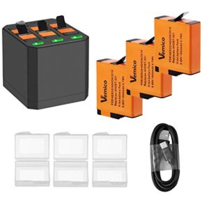 vemico battery gopro hero 7/6/5 1500mah replacement batteries (3 pack) and 3-channel led type c usb charger for gopro hero 7 black/hero 6/hero 5/hero 2018, ahdbt-501(fully compatible with original)