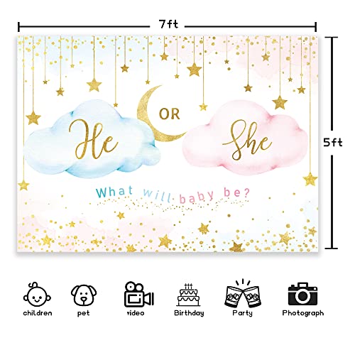 Newsely He Or She Gender Reveal Backdrop 7Wx5H Boy or Girl Pink Cloud What Will Baby Be Background Gold Stars Moon Cute Lovely Newborn Party Decorations Banner Photo Booth Props Birthday Supplies