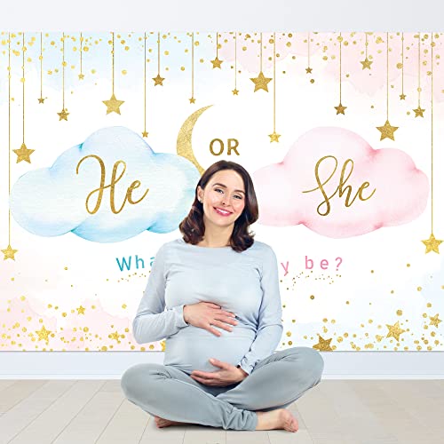 Newsely He Or She Gender Reveal Backdrop 7Wx5H Boy or Girl Pink Cloud What Will Baby Be Background Gold Stars Moon Cute Lovely Newborn Party Decorations Banner Photo Booth Props Birthday Supplies