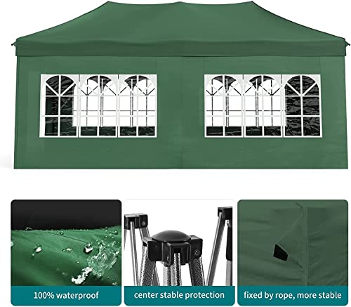 JOINATRE S-69 10'x20' Heavy Duty Pop Up Canopy Tent, Commercial Instant Canopy with Sidewalls, Outdoor Canopy Tent with 4 Sand Bags & Roller Bag, Waterproof Tent for Patio, Backyard, Garden, Green