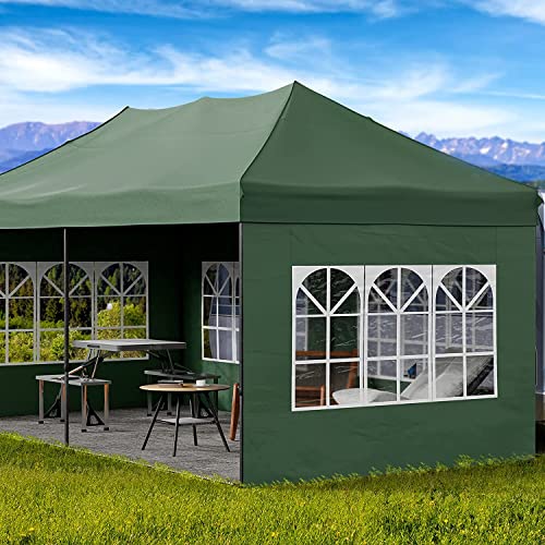 JOINATRE S-69 10'x20' Heavy Duty Pop Up Canopy Tent, Commercial Instant Canopy with Sidewalls, Outdoor Canopy Tent with 4 Sand Bags & Roller Bag, Waterproof Tent for Patio, Backyard, Garden, Green