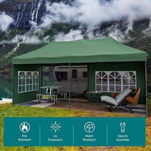 JOINATRE S-69 10'x20' Heavy Duty Pop Up Canopy Tent, Commercial Instant Canopy with Sidewalls, Outdoor Canopy Tent with 4 Sand Bags & Roller Bag, Waterproof Tent for Patio, Backyard, Garden, Green