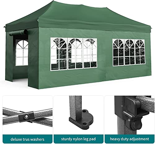 JOINATRE S-69 10'x20' Heavy Duty Pop Up Canopy Tent, Commercial Instant Canopy with Sidewalls, Outdoor Canopy Tent with 4 Sand Bags & Roller Bag, Waterproof Tent for Patio, Backyard, Garden, Green