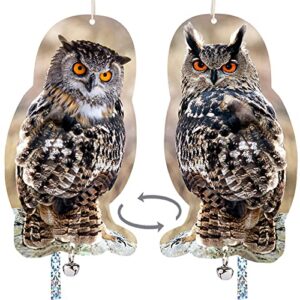 kungfu mall bird scarer, 2 pack fake owls to keep birds away, reflective owl hanging decoration, dual-side printed raster fake hawk eagle to keep birds away from garden patio windows