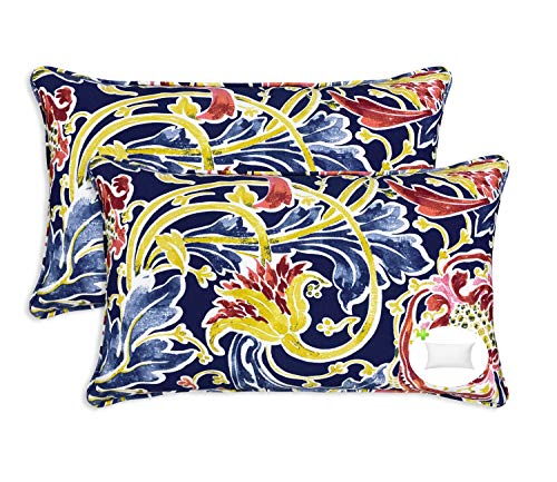 FBTS Prime Pack of 2 Outdoor Waterproof Decorative Lumbar Pillows with Inserts for Patio Furniture, 20x12 Inch Fade Resistant Patio Garden Lumbar Cushions for Couch Bed Sofa, Jacobean Navy